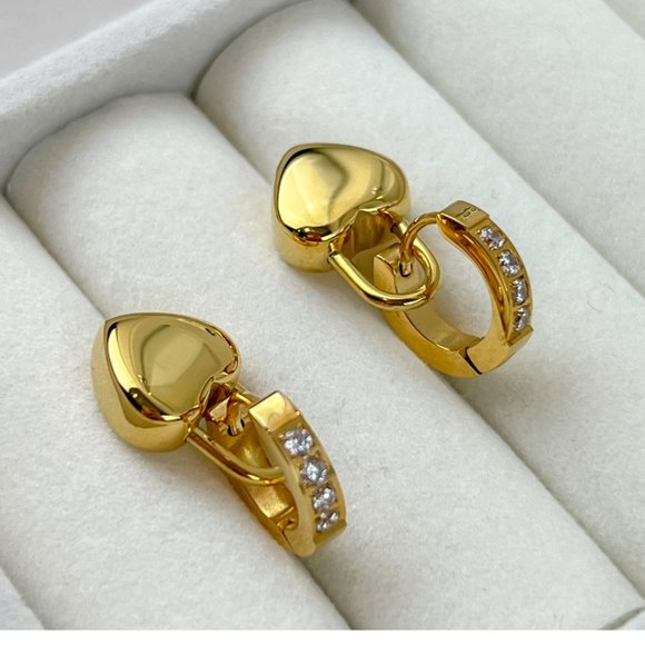Jewelry - Gold Plated Huggie Hoop Heart Earrings Heart Pendant Earrings